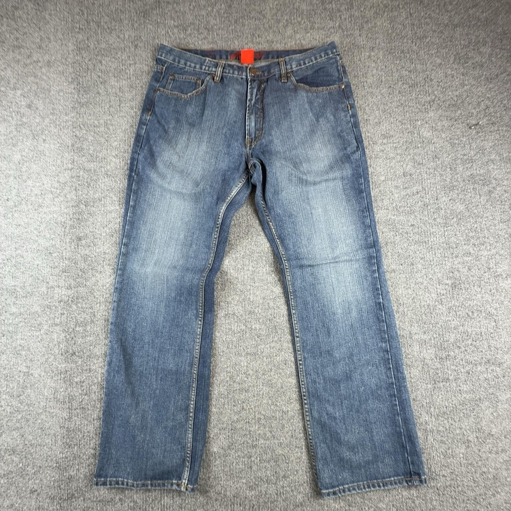 Y2K Request Jeans Mens 38x32 Blue Medium Wash Straight Denim Embroidered Pockets